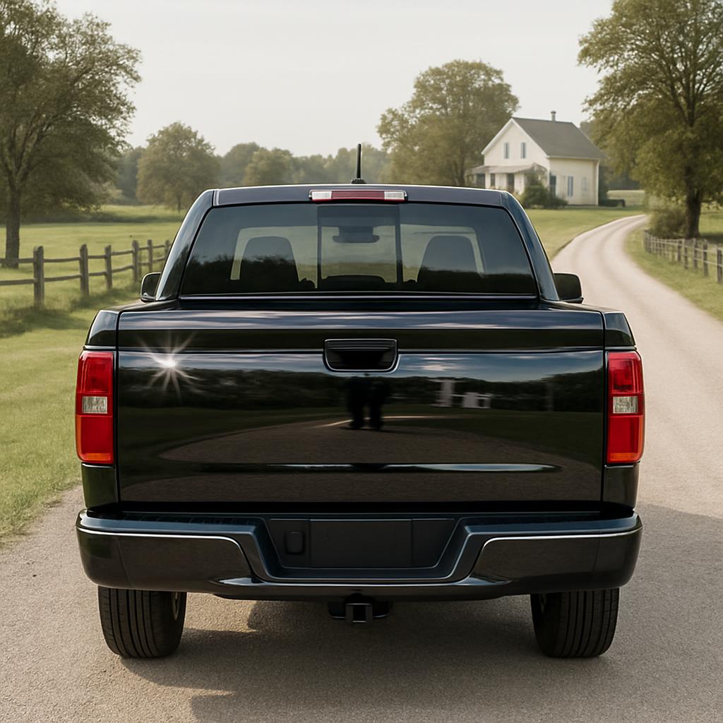 A black pickup truck on a long, winding road leading to a large house, surrounded by trees and a field in the background.