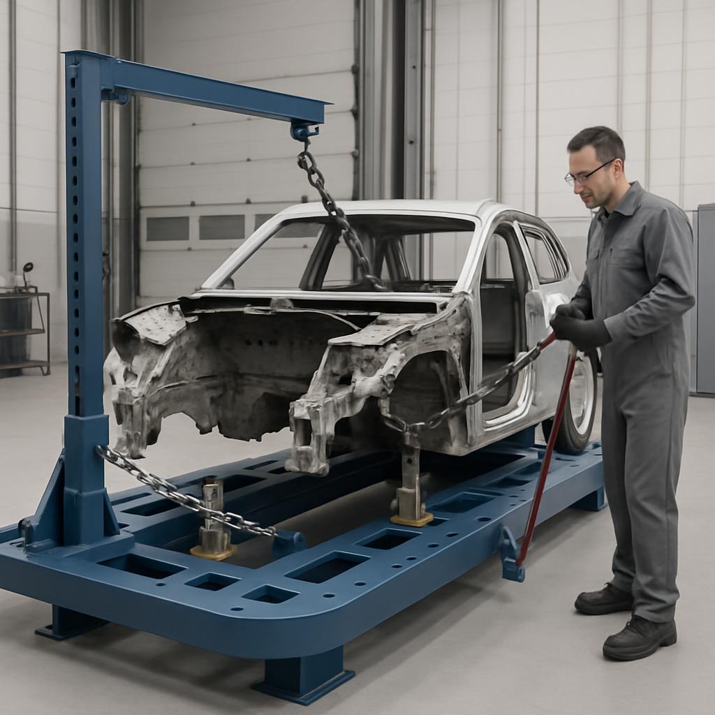 Man in coveralls standing next to a car being held in place on a tall metal platform.